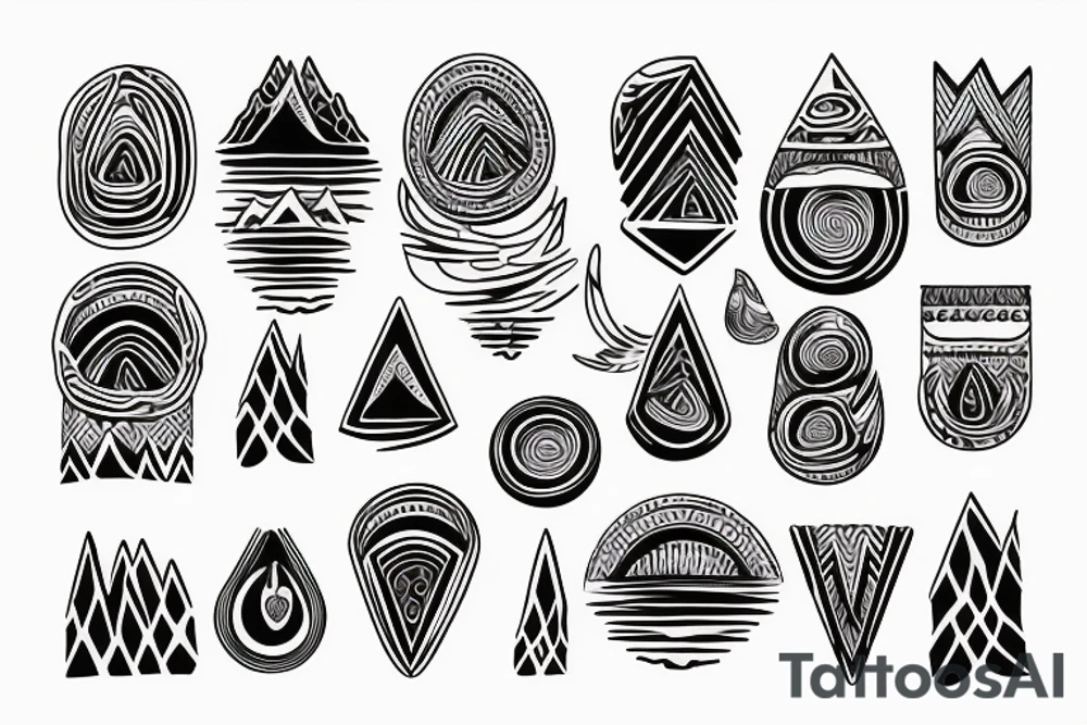 Circular, minimalistic tattoo for a man centred around mountains and snow tattoo idea