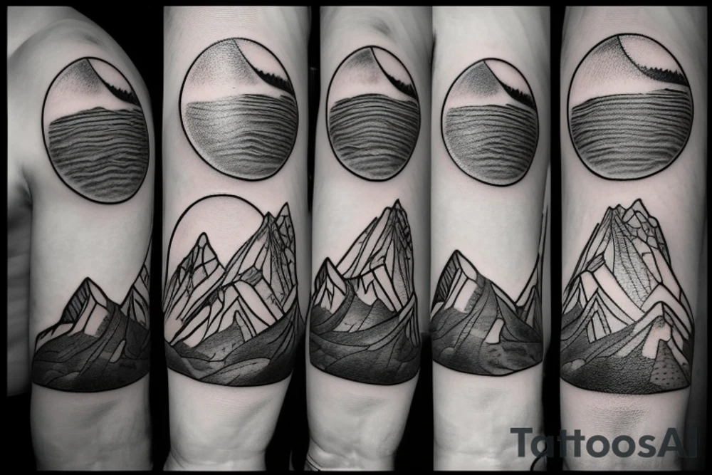Circular, minimalistic tattoo for a man centred around mountains and snow tattoo idea