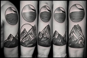 Circular, minimalistic tattoo for a man centred around mountains and snow tattoo idea