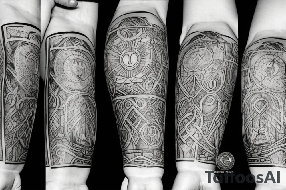 Tattoo containing following symbols: a path, an open door, a man with a thorch and knot tattoo idea