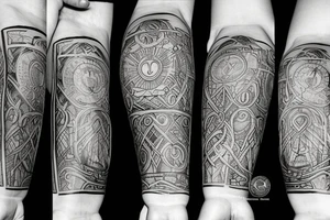 Tattoo containing following symbols: a path, an open door, a man with a thorch and knot tattoo idea