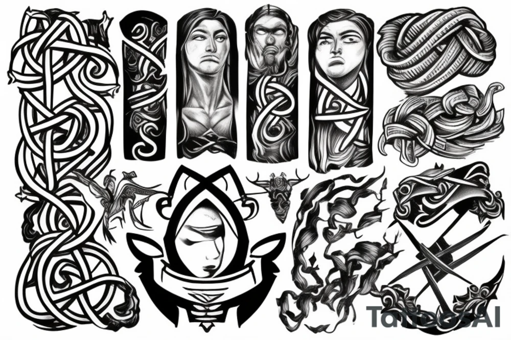 Tattoo containing following symbols: a path, an open door, a man with a thorch and knot tattoo idea