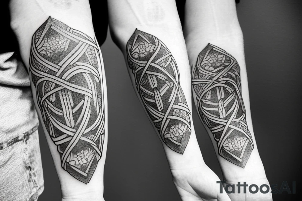 Tattoo containing following symbols: a path, an open door, a man with a torch and knot tattoo idea