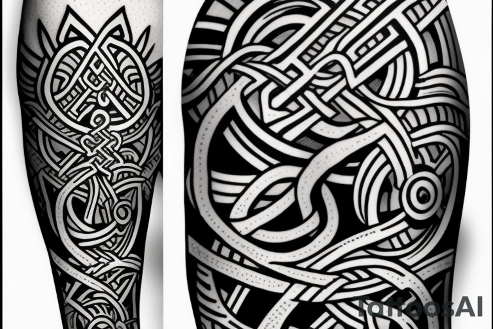 viking tribel theme  arm sleev with the name Theo and Nellie incorperated. tattoo idea