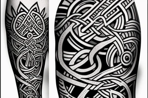 viking tribel theme  arm sleev with the name Theo and Nellie incorperated. tattoo idea