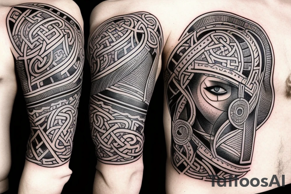viking tribel theme  arm sleev with the name Theo and Nellie incorperated. tattoo idea