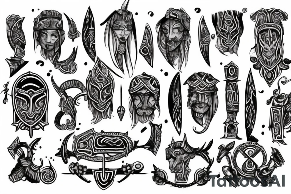 viking tribel theme  arm sleev with the name Theo and Nellie incorperated. tattoo idea