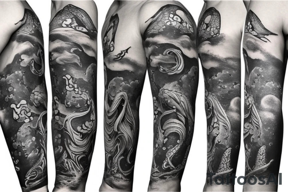 Full arm sleeve containing sea creatures and Poseidon tattoo idea