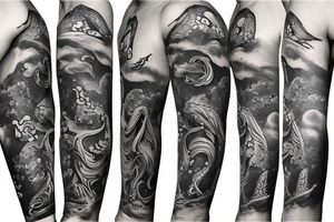 Full arm sleeve containing sea creatures and Poseidon tattoo idea