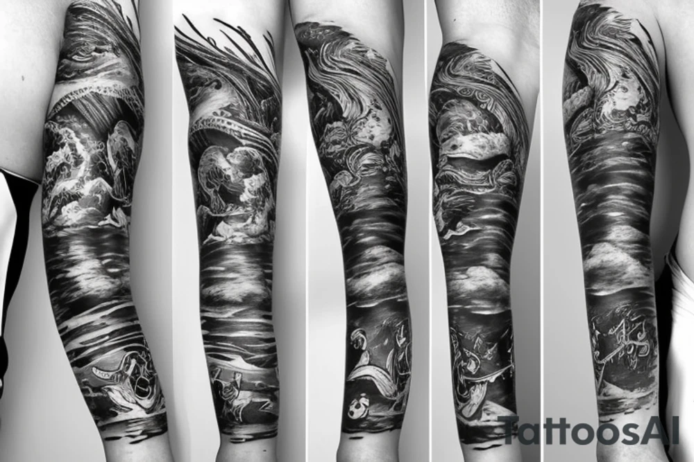 Full arm sleeve containing sea creatures and Poseidon tattoo idea Full arm sleeve containing sea creatures and Poseidon tattoo idea
