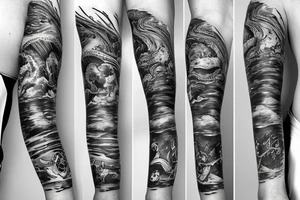 Full arm sleeve containing sea creatures and Poseidon tattoo idea