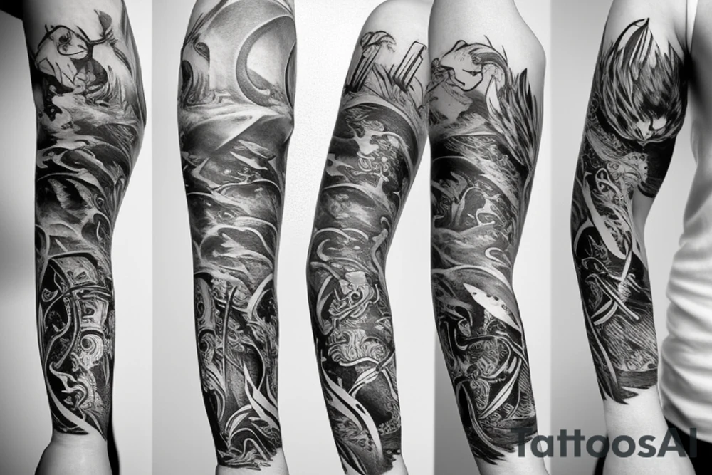 Full arm sleeve containing water animals and Poseidon tattoo idea Full arm sleeve containing water animals and Poseidon tattoo idea