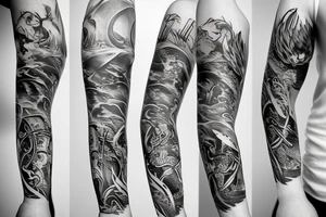 Full arm sleeve containing water animals and Poseidon tattoo idea
