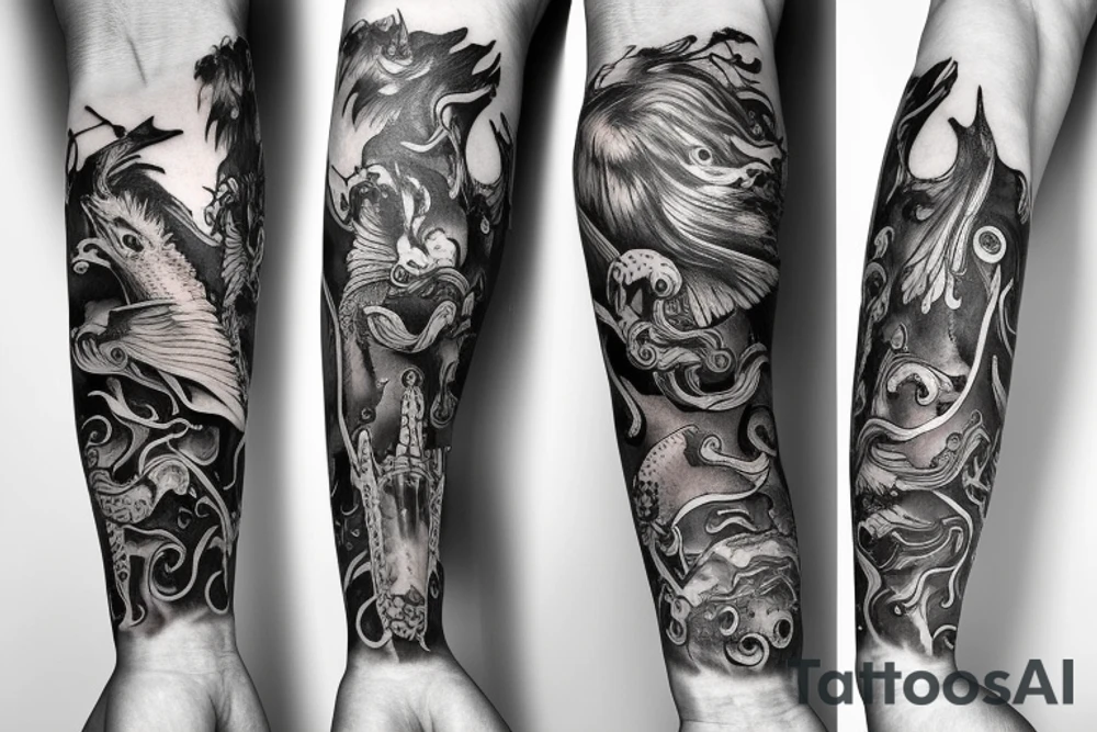 Full arm sleeve containing water animals and Poseidon tattoo idea