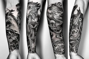 Full arm sleeve containing water animals and Poseidon tattoo idea