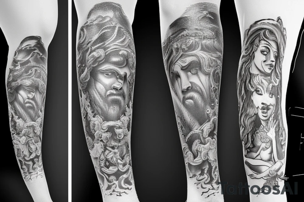 Full arm sleeve Poseidon tattoo idea