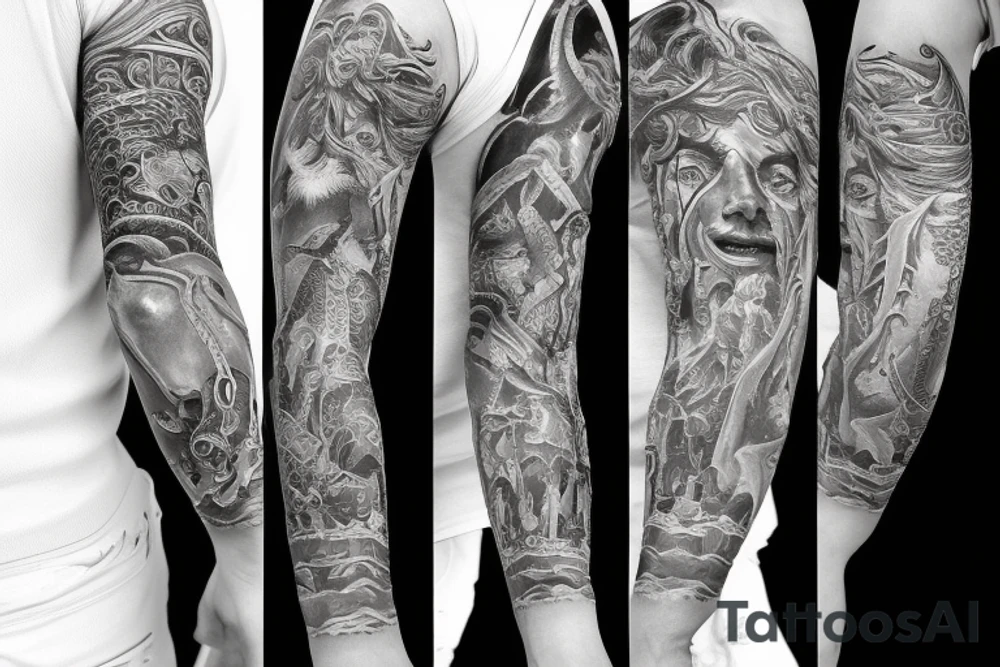 Full arm sleeve Poseidon tattoo idea