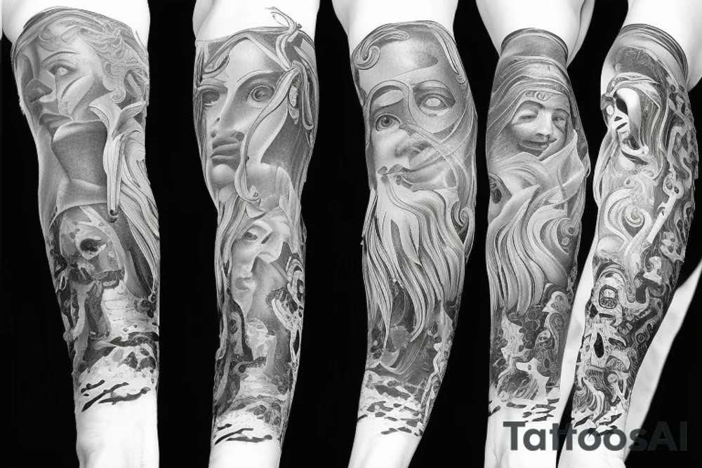 Full arm sleeve Poseidon tattoo idea