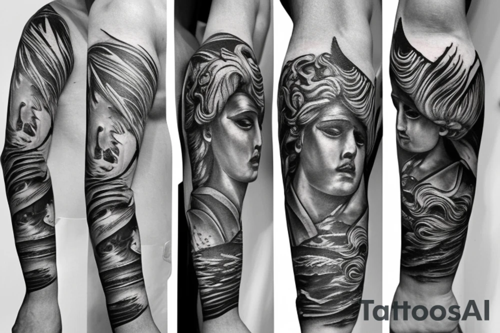 Full arm sleeve Poseidon tattoo idea