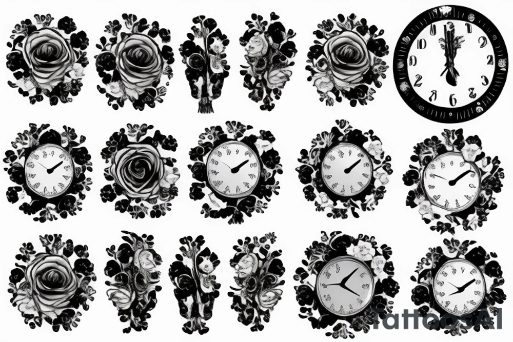 Stop watch surrounded by roses and smoke tattoo idea
