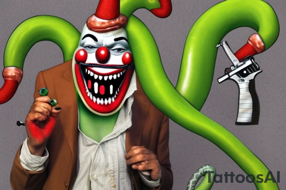 a clown being strangled by an unnaturally large green snake with silver stripes from his legs to neck the snake has glowing silver eyes. the clowns face looks worried and in his right hand he's holding a big revolver with a flag coming out of the barrel which reads "BANG" he's point the gun at his own head. The snake is laughing at the clown tattoo idea