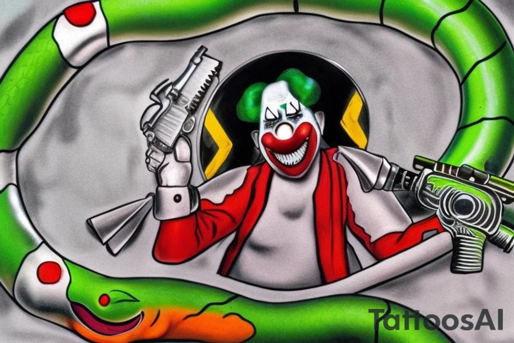 a clown being strangled by an unnaturally large green snake with silver stripes from his legs to neck the snake has glowing silver eyes. the clowns face looks worried and in his right hand he's holding a big revolver with a flag coming out of the barrel which reads "BANG" he's point the gun at his own head. The snake is laughing at the clown tattoo idea