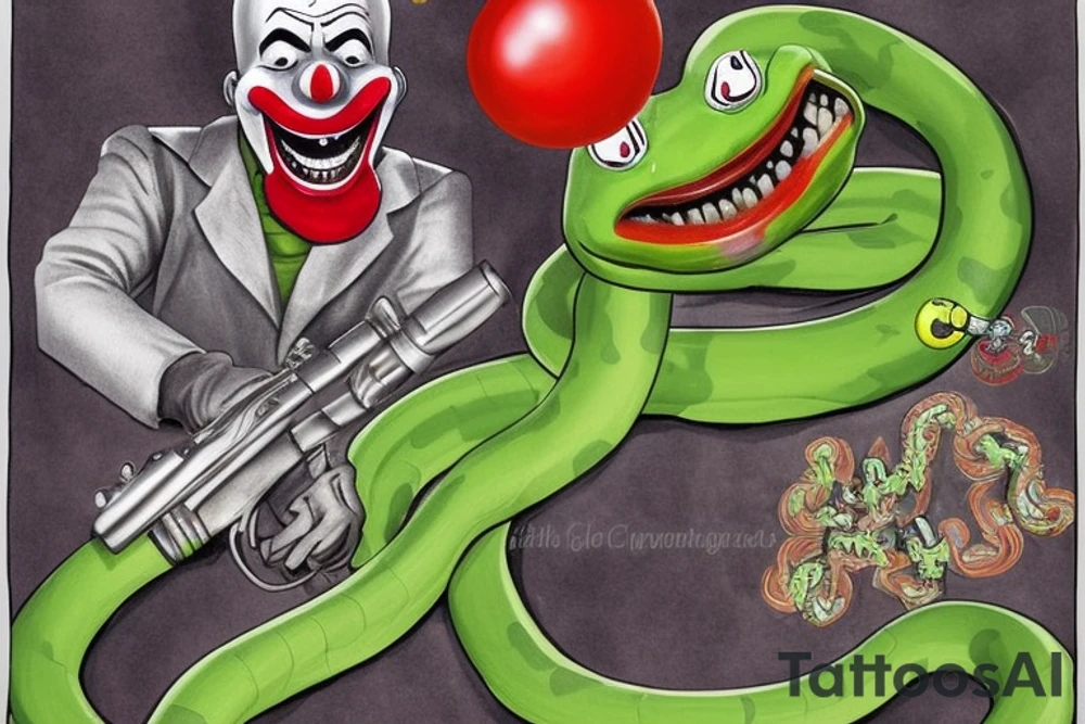 a clown being strangled by an unnaturally large green snake with silver stripes from his legs to neck the snake has glowing silver eyes. the clowns face looks worried and in his right hand he's holding a big revolver with a flag coming out of the barrel which reads "BANG" he's point the gun at his own head. The snake is laughing at the clown tattoo idea