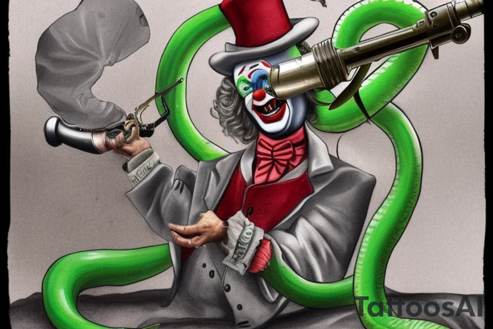 a clown being strangled by an unnaturally large green snake with silver stripes from his legs to neck the snake has glowing silver eyes. the clowns face looks worried and in his right hand he's holding a big revolver with a flag coming out of the barrel which reads "BANG" he's point the gun at his own head. The snake is laughing at the clown tattoo idea