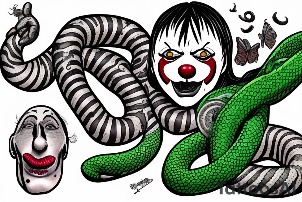 a clown being strangled by an unnaturally large green snake with silver stripes tattoo idea