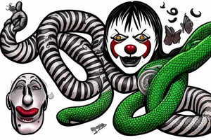 a clown being strangled by an unnaturally large green snake with silver stripes tattoo idea