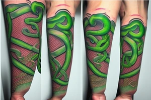 a clown being strangled by an unnaturally large green snake with silver stripes tattoo idea
