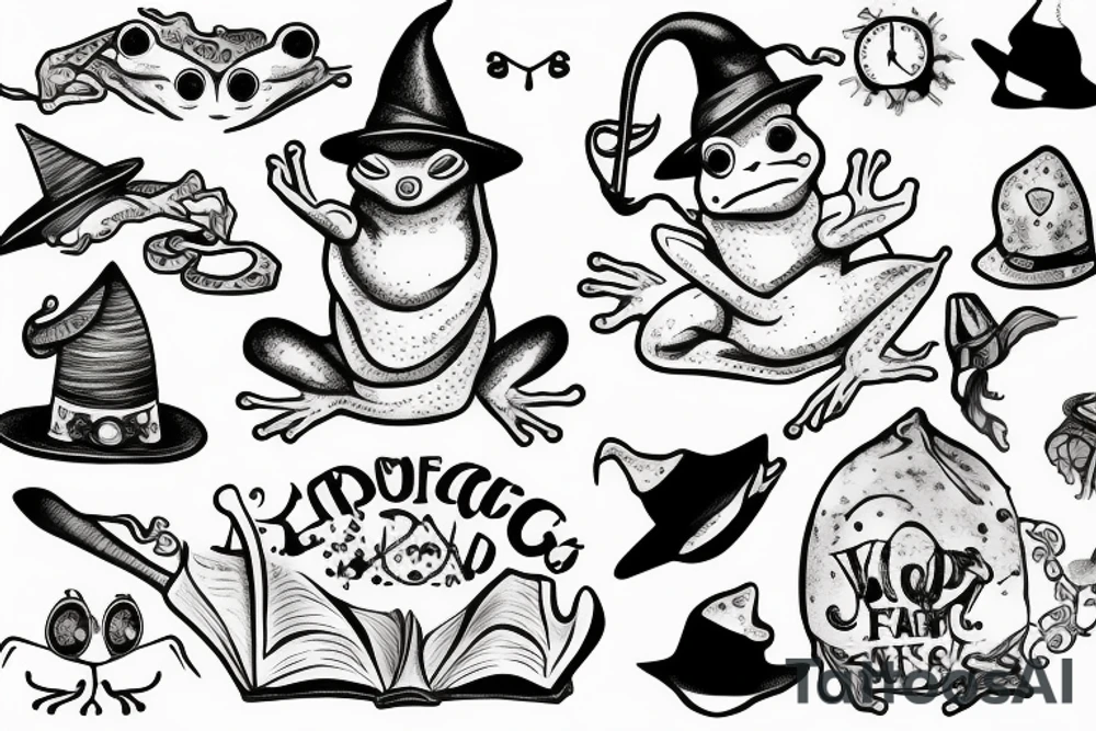 Cute frog with a wizard hat and robes tattoo idea