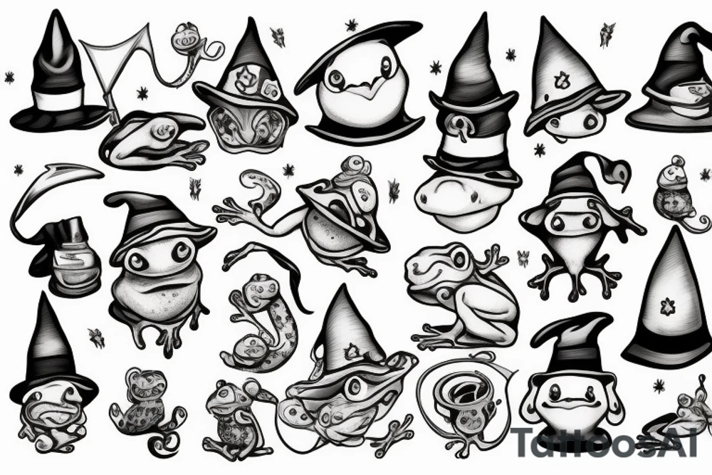 Cute frog with a wizard hat and robes tattoo idea
