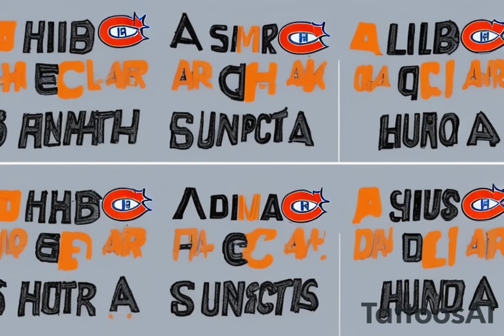 Hockey sticks with 4 quadrants. 

In the left quadrant, Montreal Canadiens logo, in the bottom quadrant "CA:CH:IN:DE:FR:UK:EE" with a small airplane next to it, in the right quadrant a glass of orange juice with "DYJ" written on it, and in the top quadrant, a skyline with mountains, stars and forest tattoo idea