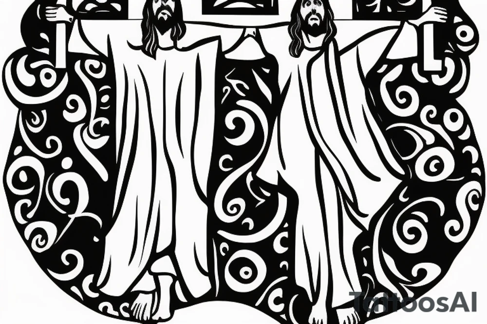 Jesus carring cross out of a cage with black balloons tattoo idea