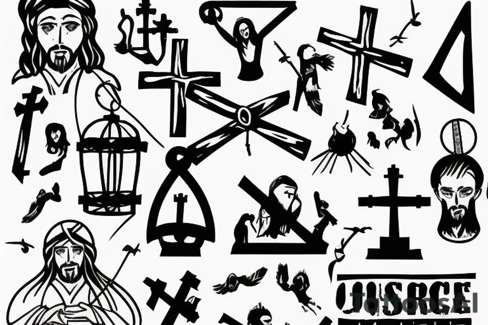 Jesus carring cross out of a cage with black balloons tattoo idea
