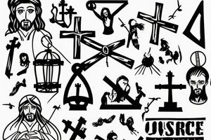 Jesus carring cross out of a cage with black balloons tattoo idea