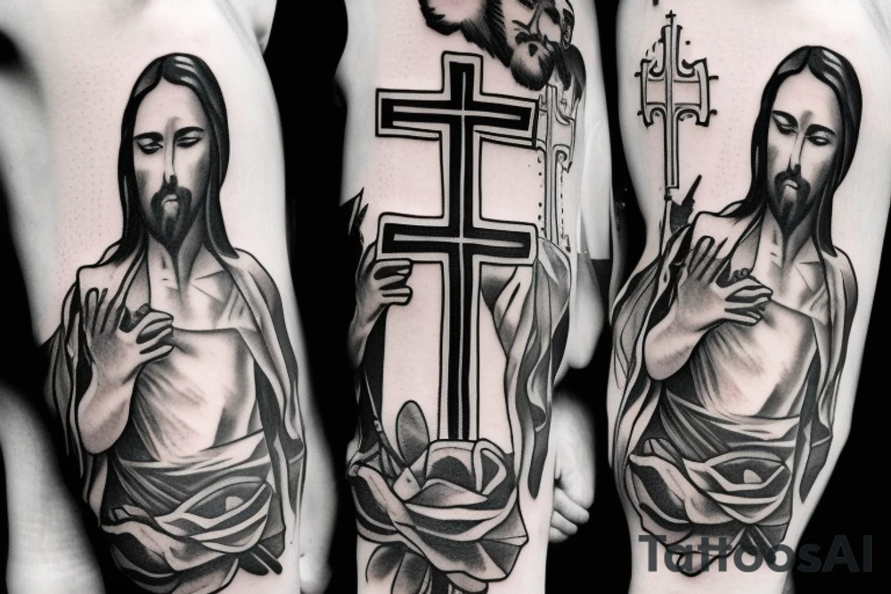 Jesus carring cross out of a cage with black balloons tattoo idea