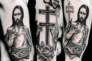 Jesus carring cross out of a cage with black balloons tattoo idea