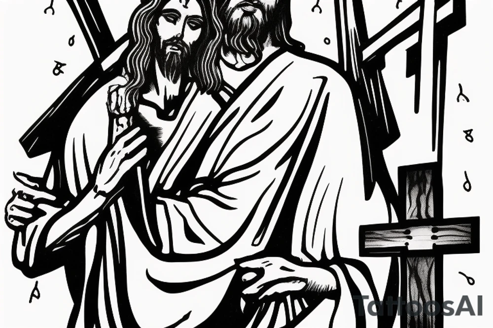 Jesus carring cross out of a cage with black balloons tattoo idea