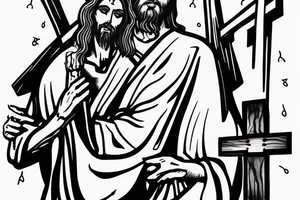 Jesus carring cross out of a cage with black balloons tattoo idea