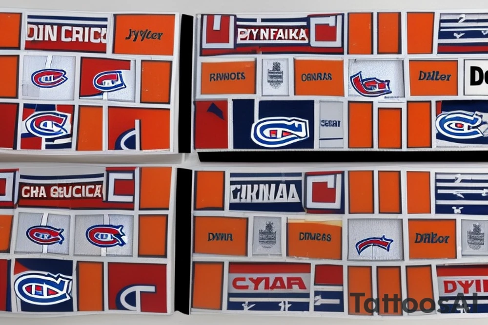 Hockey sticks crossed with 4 quadrants. 

In the left quadrant put the Montreal Canadiens logo, in the bottom quadrant "CA:CH:IN:DE:FR:UK:EE" with a small airplane next to it, in the right quadrant put a small glass of orange juice with "DYJ" written on it, and in the top quadrant, a skyline with mountains, stars and forest.

It should look similar to this one: https://www.pinterest.com/pin/702772716828178824/ tattoo idea