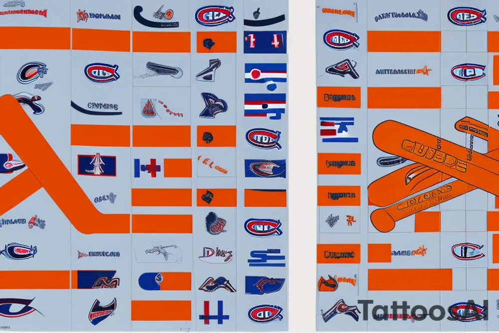Hockey sticks crossed with 4 quadrants. 

In the left quadrant put the Montreal Canadiens logo, in the bottom quadrant "CA:CH:IN:DE:FR:UK:EE" with a small airplane next to it, in the right quadrant put a small glass of orange juice with "DYJ" written on it, and in the top quadrant, a skyline with mountains, stars and forest.

It should look similar to this one: https://www.pinterest.com/pin/702772716828178824/ tattoo idea
