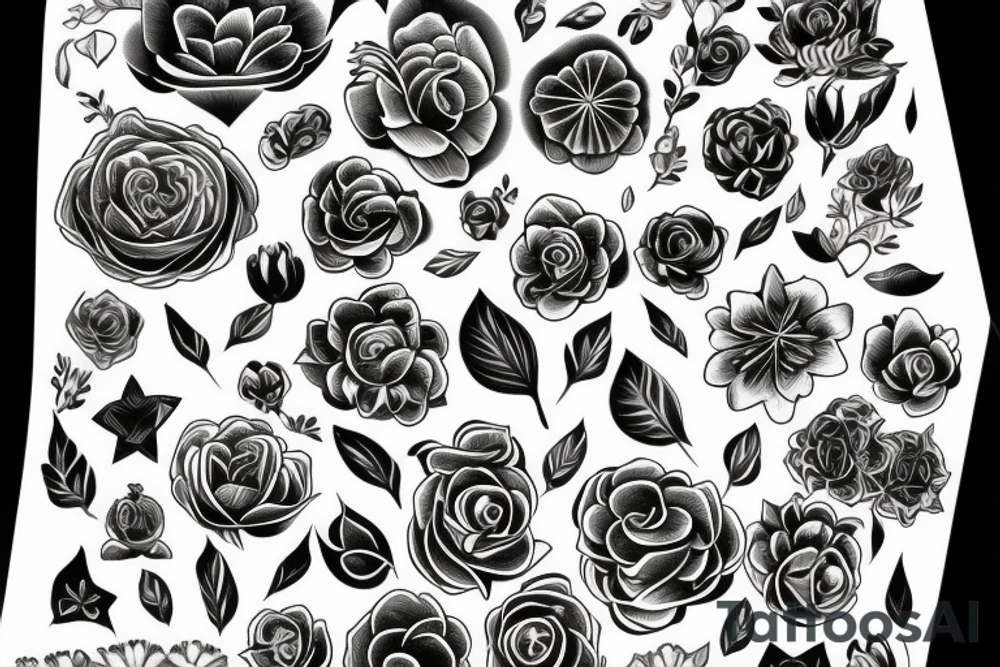black unusual flowers faces geometry tattoo idea
