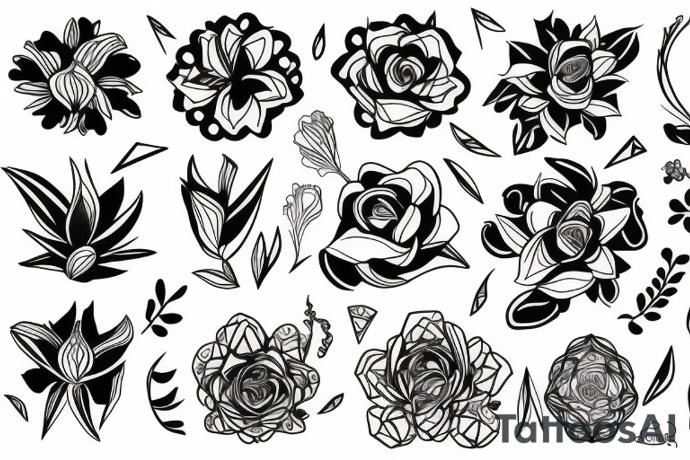 black unusual flowers faces geometry tattoo idea