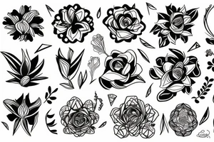 black unusual flowers faces geometry tattoo idea