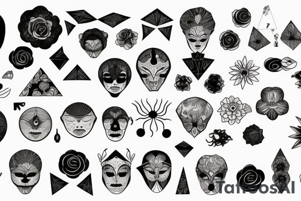 black unusual flowers faces geometry tattoo idea