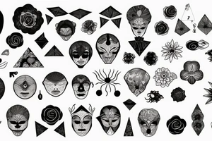 black unusual flowers faces geometry tattoo idea