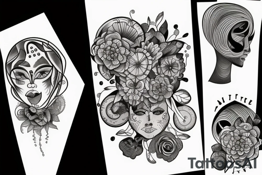 black unusual flowers faces geometry tattoo idea