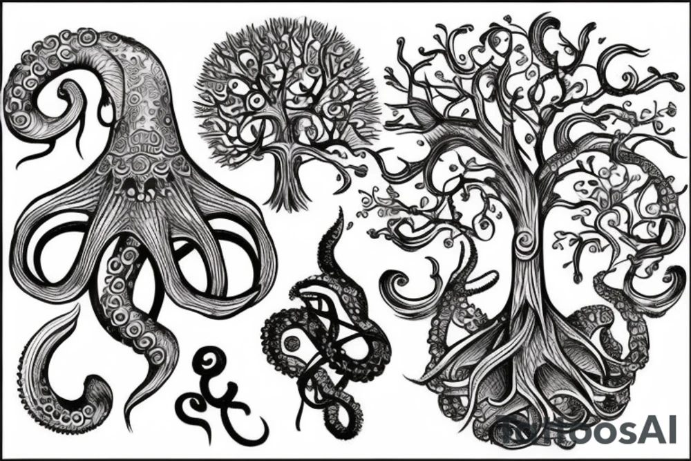 create a shoulder tattoo that includes a rave, octopus, and the tree of life tattoo idea